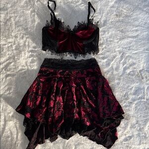 Widow by Dolls Kill Burgundy Black Lace Corset Top Skirt Set Romantic Coquette S